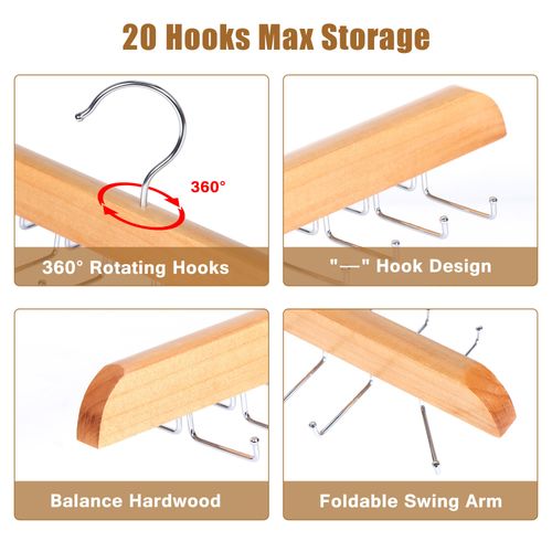 Cycleacc Upgraded Belt Tie Hanger for Closet, Wooden Tie Holder Organizer, 20 Folding Hooks, 360 Degree Rotating Tie Rack for Men Ties Belts Scarves Tank Tops Accessories, 2 Pack