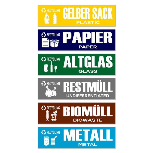 GamesMonkey® - Set of 6 Rubbish bin stickers - Recycling Wastemülleimer Aufkleber - DE - v2 - Organic Waste, Yellow Bag, Waste Paper, Residual Waste, Waste Glass Wheelie (15x4 cm, 6 Stücke)