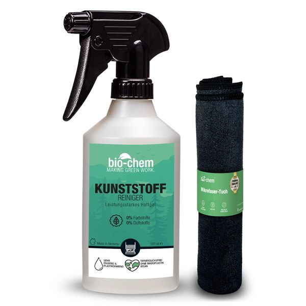 bio-chem Kunststoffreiniger 500 ml + Mikrofasertuch, PVC-Reiniger, Rauchgeruch-Entferner, Nikotin-Entferner, Kraftreiniger für Kunststoff-Fenster, Fenster-Rahmen, Heizkörper, Gartenmöbel, u.v.m.