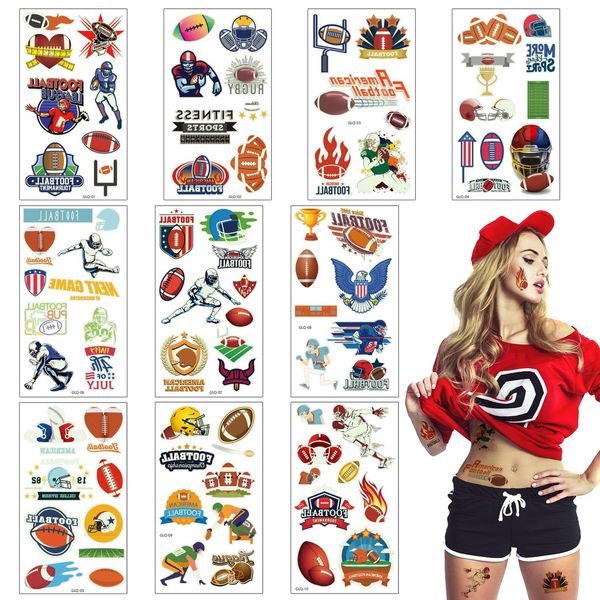 10 Sheets American Football Temporary Tattoos Sports Topic Luminous Fluorescent Temporary Tattoo Sticker Super Bowl Fake Tattoo for Men Women Boys Girls Ball Gmae Party Favor Makeup Costume Supplies