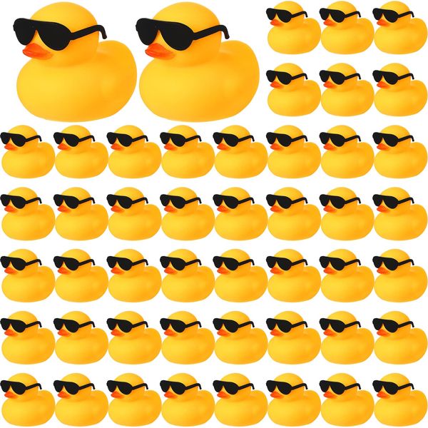 Chivao 48 Pcs Mini Rubber Ducks Bath Duck in Bulk 48 Sunglasses Toy Set Christmas Valentine Duck Gift Bath Toy Bathtub Toys for Gift Holiday Cruise Birthday Party Favor(Yellow, Black)