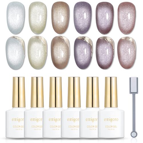 emigoro Magnetic Nails, Cat Eye Gel, Sparkling, Galaxy Nails, Color Gel, Nail Supplies, Magnetic Nails, Set of 6 Colors, UV/LED Compatible