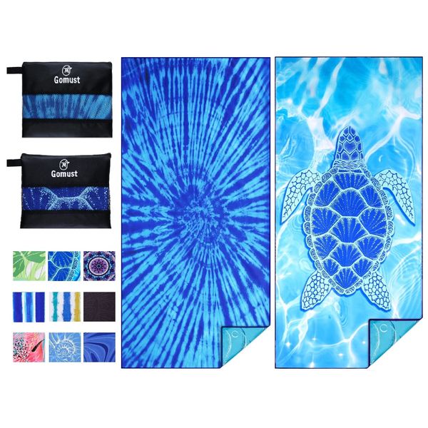 2 Pack Lightweight Thin Beach Towel Oversized 71"x32" Big Extra Large Microfiber Sand Free Towels for Adult Quick Dry Travel Camping Beach Accessories Vacation Essential Gift Blue Tie Dye Turtle