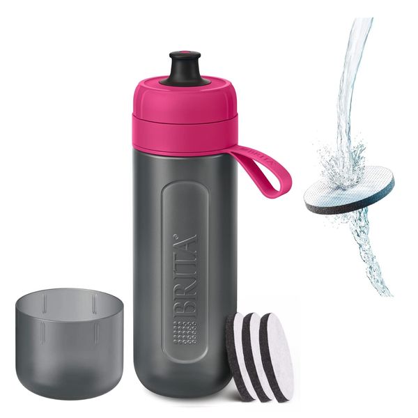 Brita Water Bottle, Portable Water Purification Bottle, 20.3 fl oz (600 ml), Active Pink, Micro Disk Filter, 3 Pieces Included