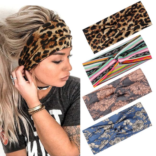 Haarbänder Damen Breite Elastische Weiche 4 Pcs Sommer Boho Stirnband Print Haarschmuck Yoga Sport Haarband Mehrfarbig Dünn Stirnbänder