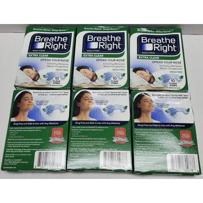 6PK Breathe Right Nasal Congestion Strips Extra Clear 10 strips Each Exp 8/31/27