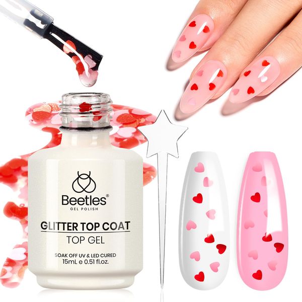 beetles Gel Polish 15ML Clear Pink Color Gel Top Coat With Pink & Red Heart Shape Gift for Mom, Glass Polish Soak Off UV No Wipe Gel Top Coat Reflective Glitter for Sparkle Nails