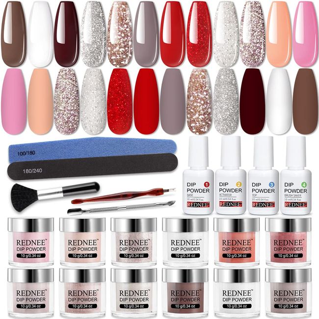 REDNEE 22 Pcs Dip Powder Nail Kit Starter 12 Colors Dipping Powder Set Rose Gold Red with Base Activator Top Coat & 5 Nail Tools for Nail Art Manicure - RE08 Inviting Color