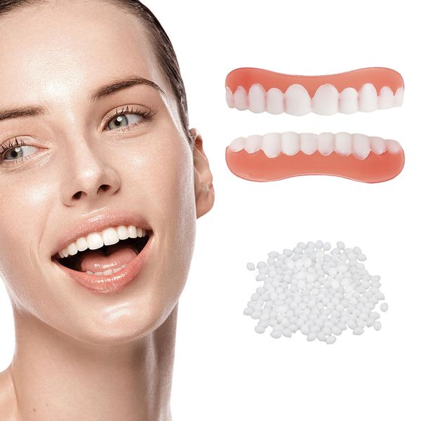 2 Pcs Dentures Cosmetic Veneer False Teeth Veneers White Dentures for Men and Women Adult Comfort Fit Upper and Lower Veneers Denture Comfortable Protect Teeth Confident Smile Snap on Veneers Teeth