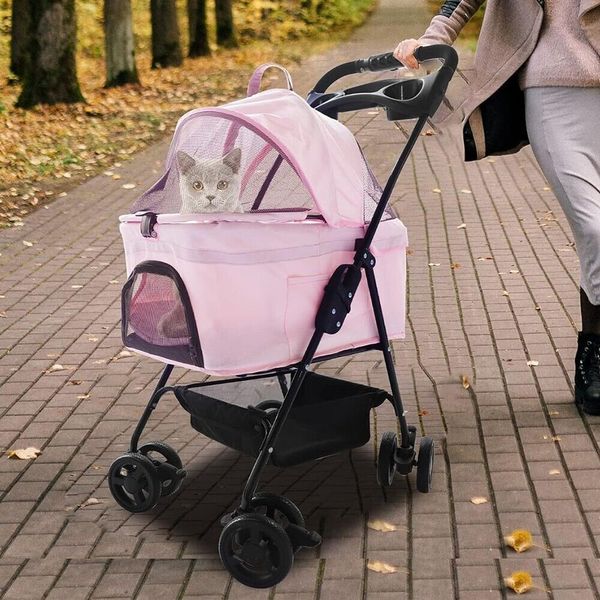 LUCKYERMORE Folding Pet Stroller Small Cat Dog Cage Travel Carrier Cup Holder