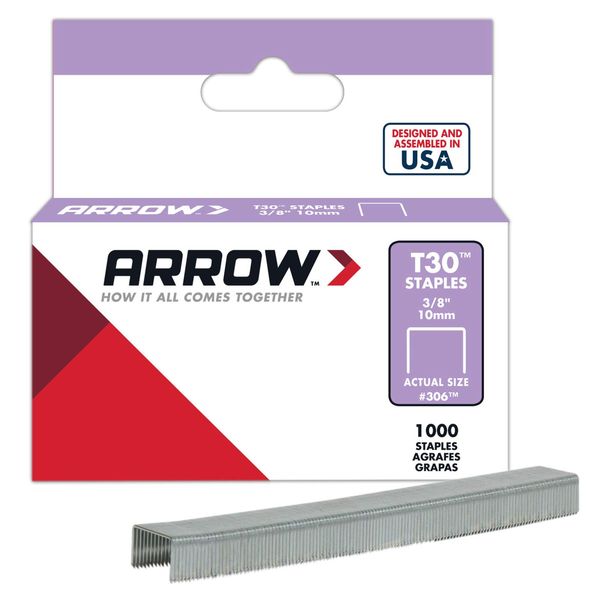 Arrow Fastener 306 Genuine 3/8-Inch Thin Wire Staples for T30 staple gun, HT 30 hammer tacker, 1,000-Pack