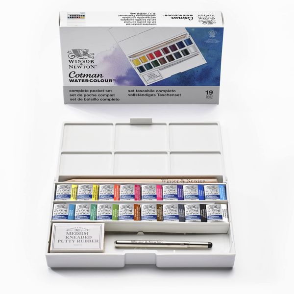 Winsor & Newton, Cotman Watercolour, ‘Complete Pocket Set’, 16 x Half Pans + 1 x Travel Brush PLUS 1 x Kneaded Eraser + 1 x Pencil