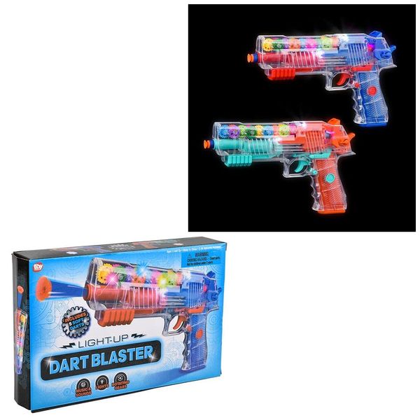 9.5 inch Light up Foam Dart Blaster - Transparent Design - Moving Gears - Flashing Lights & Sound - 5 Foam Darts and Batteries Included