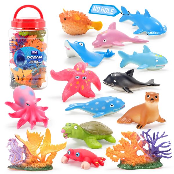 Baby Bath Toys for Toddlers, No Hole Ocean Animals Toys, Bathtub Toys for Boys and Girls (14 Pcs with Storage Box)