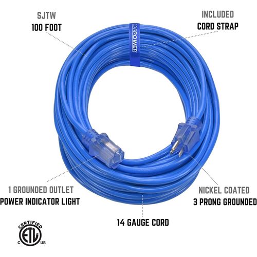 CP 100ft 14/3 SJTW, Extreme Cold Weather Extension Cord, Blue, CP10078
