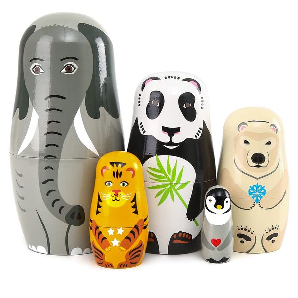 Moonmo 5pcs Handmade Wooden Animal Nesting Dolls - Elephant & Panda, Traditional Russian Matryoshka Gift