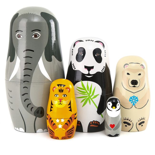 Moonmo 5pcs Handmade Wooden Animal Nesting Dolls - Elephant & Panda, Traditional Russian Matryoshka Gift