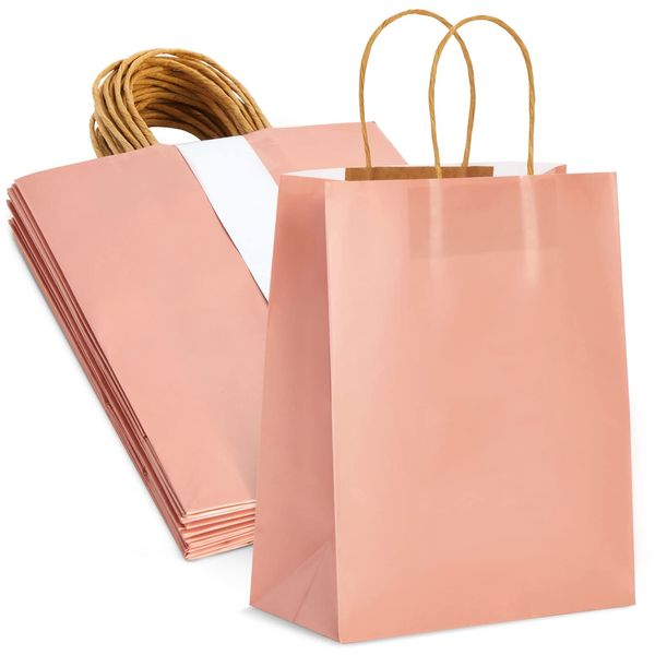 Juvale 15-Pack of Pink Glossy Medium Paper Gift Bags with Handles 8x4x10 Inches for Wedding Receptions, Baby Showers, Birthday Party Favors, Bridal Shower, Decorations