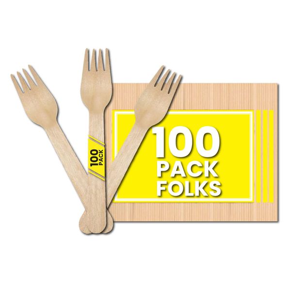 Disposable Wooden Forks - Pack of 100 - Eco Friendly Biodegradable Wooden Cutlery for Desert - Birch Wood-Sturdy Forks…, Brown