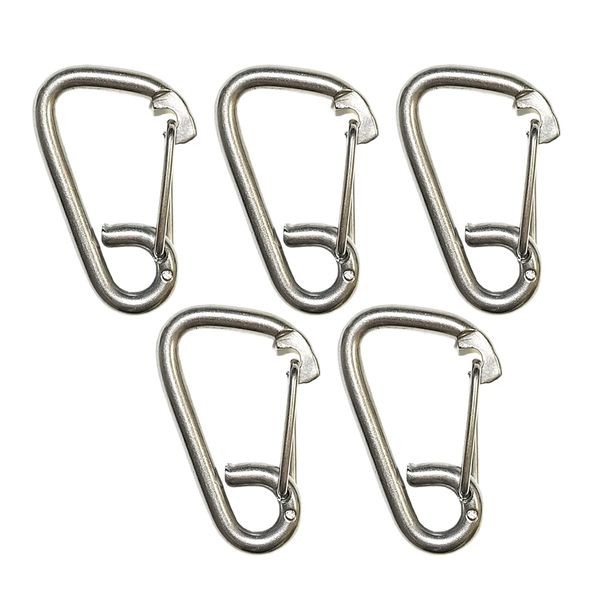 simPLEISURE qb500147a05n0 Stainless Steel Spring Hook, D-Shaped Carabiner Type, 5 Sizes, Snap Hooks, Multi-functional, Fall Prevention, 2.4 inches (60 mm), Set of 5