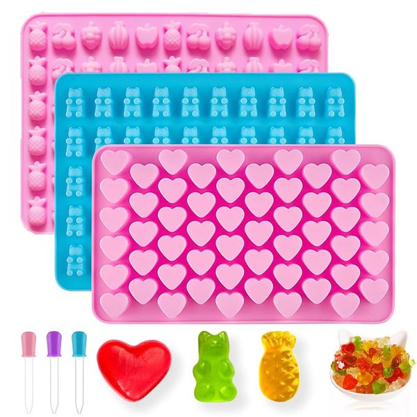 YOYEAH Set di 3 stampi in silicone per dolci, stampi in gomma a forma di cuore e frutta, stampi in silicone riutilizzabili e piccoli con pipette, ideali per caramelle, gelatina e cubetti di ghiaccio