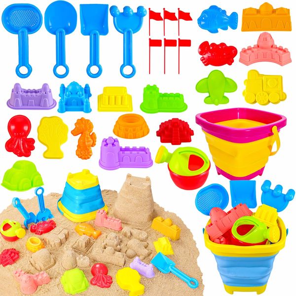 MGparty Beach Toys Set for Kids Toddlers, Travel Sand Toys with Mesh Bag, Collapsible Sand Bucket and Shovels, Sand Castle Toys for Beach, Sandbox Toys for Boys Girls Ages 3-12