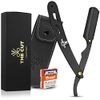 The Cut- Factory- Straight Razor with 100 Pack Platinum Treat Single Blade Razors for Men- Professional Barber Straight Edge Razor for Close Shaving 100 Percent Stainless Steel-Black