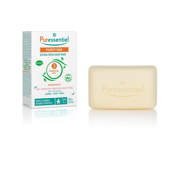 Puressentiel Purifying Extra-Rich Soap Bar 100gr - Face, Hands and Body - Suitable for Dry, Sensitive Skin - Cleanses and Protects - Vegan - 3 Organic Essential Oils