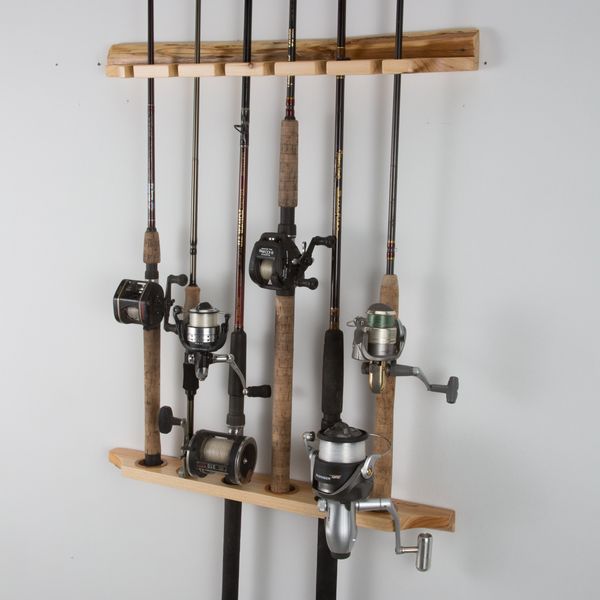 Rush Creek Creations 2-Piece 6 Fishing Rod Rack Storage Wall Mount - Easily Installed Fishing Pole Holder, Pine Finish, light wood (37-0019)