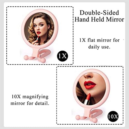 Bordhap 10X Handheld Magnifier, Double Sided Folding Makeup Mirror, Portable Handheld Mirror with Adjustable Handle(Pink)