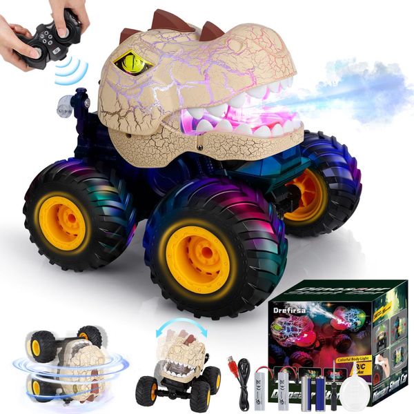 Drefirsa Monster Truck Toy, 50min+ Runtime Dinosaur Remote Control Car for Boy 4-7 8-12, RC Stunt Car with Spray, Light, 360° Rotating&90° Driving, All Terrain Dinosaur Toy RC Truck for Kid Xmax Gift