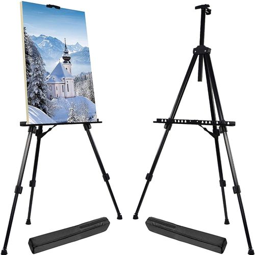 63“ Strong Metal Foldable Easel for Painting Canvases Floor Table Top Drawing and Displaying T-Sign with Portable Black Bag Adjustable Height Extra Sturdy Lightweight