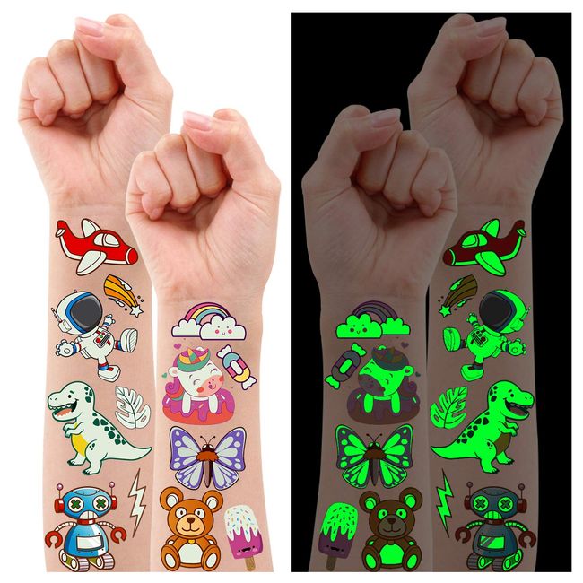 Partywind 380 Styles (30 Sheets) Luminous Tattoos for Kids, Mixed Styles Temporary Tattoos Stickers with Unicorn/Mermaid/Dinosaur/Outer Space/Pirate for Boys and Girls, Glow Party Supplies Gifts