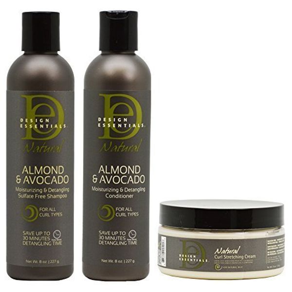 Design Essentials Almond/Avocado Moisturizing and Detangling Sulfate Free Shampoo & Conditioner 8oz & Curl Stretching Cream 7.5oz Set by Design Essentials