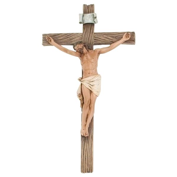 Roman Traditional Figure Textured Wood Look 4.25 x 8 Resin Stone Wall Crucifix