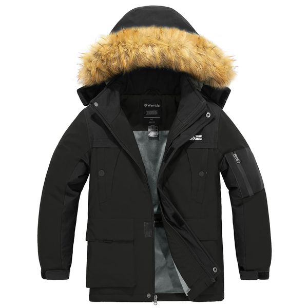 Wantdo Jungen Berg Wandern Jacke Outdoor Windproof Skijacke Wasserdichte Windbreaker Jacke Kunstpelz Kapuze Mantel Schwarz 152-158