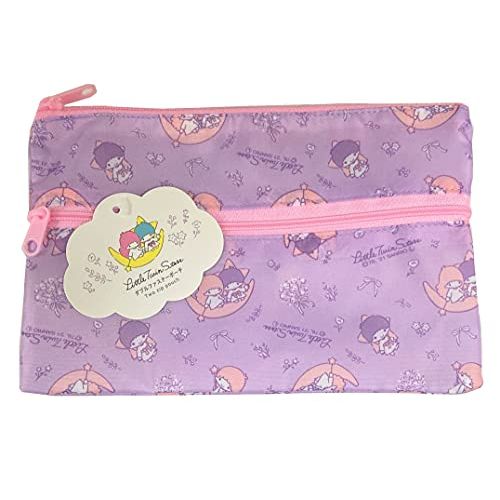 Sanrio Little Twin Stars Accessories Cosmetic Flat Polyester Pouch Double Zipper Two Pocket Case Bag 7.9" x 4.7" (Garden)