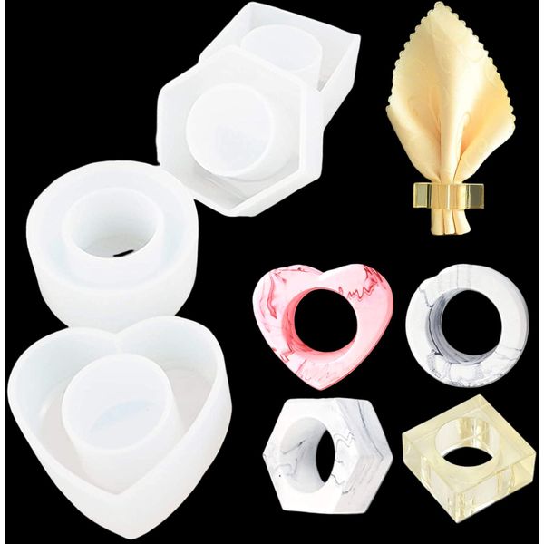 iSuperb Napkin Rings Resin Moulds Set of 4 Hexagon Square Round Love Shaped Silicone Moulds Napkin Holder Epoxy Resin Moulds for Making Resin Napkin Bands