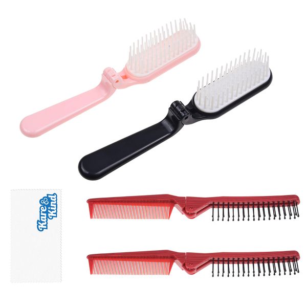 Kare & Kind 4x Foldable Hairbrush and Comb - Pocket-Sized Grooming Tool for Travel - Fine and Wide Tooth Anti-Static Comb and Brush - For Straight, Curly, Fine, Thick Hair - Home, Purse, Gym, Bag, Car