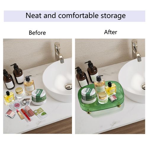 Perfume Organizer with Dust Cloth, Space-Saving Bathroom Cosmetic Tray with Gold Stands for Dresser, Skincare Lotion & Makeup Holder for Vanity, Bedroom, and Countertop (Green)