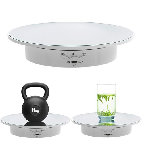 E Eshion Electric Turntable, 360 Degree Adjustable speed Revolving Base for Photography,Jewelry,3D Models,Watch, USB Power Supply,Motorized Turntable/7.8 inches/Load 17 LB (White Mirror)