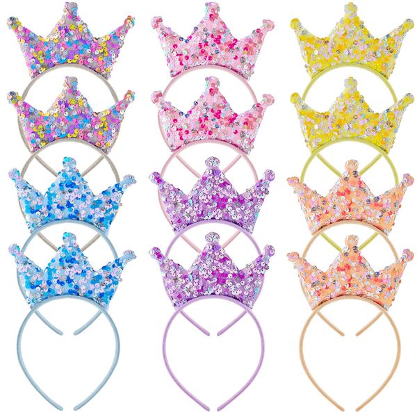 12 Packs Princess Crown Headband, Girls Glitter Headbands Princess Party Favors Sequin Elastic Tiaras for Women Little Girls Birthday Bling Accessories, Pink, Blue, Purple, Yellow, Champagne, Silver