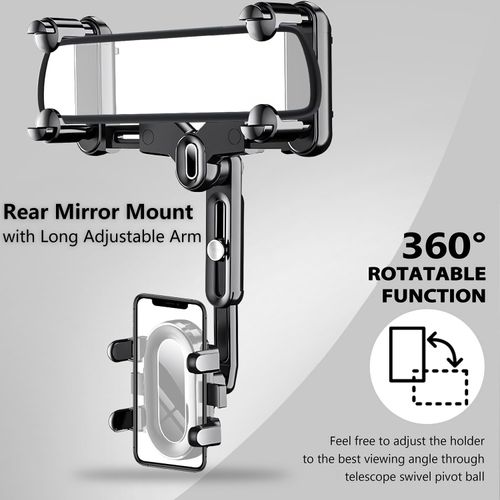 PKYAA Rearview Mirror Phone Holder for Car, 360° Rotating Rear View Mount with Adjustable Arm Length, Upgraded Four Corners Fixed Anti-Shake Multifunctional Design for All Smartphones