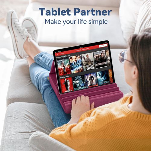 Tablet Pillow Holder, KDD Foldable iPad Stand for Lap, Bed and Desk -Tablet Soft Pad Dock with Pocket & Stylus Mount Compatible with iPad Pro 12.9, 10.5, 9.7 Air Mini 6 5 4 3, Kindle, E-Reader, Purple