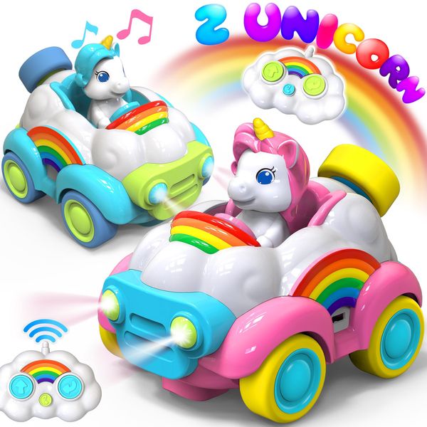 HopeRock Unicorn Toys Remote Control Cars,Toys for Ages 2-4,Gifts for 2 Year Old Girls 2 Pack with LED Lights,Music,and Sound,Birthday Gift for 2 3 4 5 6 Year Old Girls(Blue and Pink)