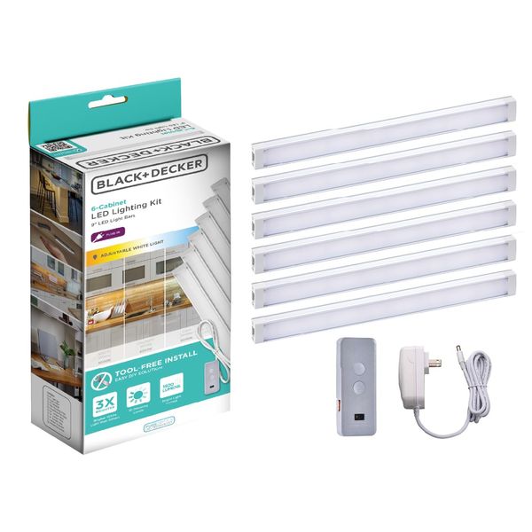 BLACK+DECKER LED Under Cabinet Lighting Kit, Motion Sensor, Dimmable, Linkable, 3 Color Settings, Tool-Free, for Kitchen, Pantry, Cabinets, Closets, Office (6) 9" Bars