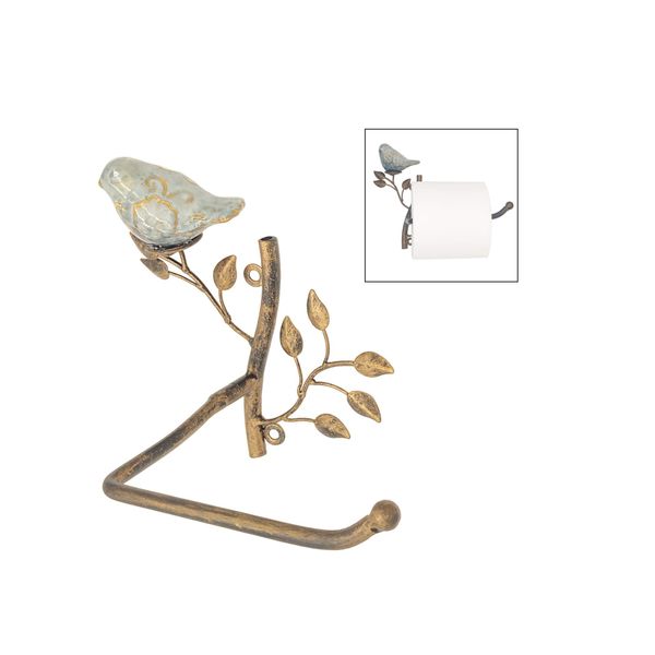 Owlgift Wall Mounted Metal Toilet Tissue Holder w/Ceramic Bird, Roll Organizer for Bathroom - Bronze