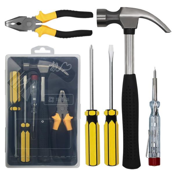 WAIZHIUA 5Pcs Home Tool Kit, Essential Household Hand Tools Home and Office Tool Kit Set with Hammer Pliers Screwdriver Voltage Tester for DIY Repair Maintenance