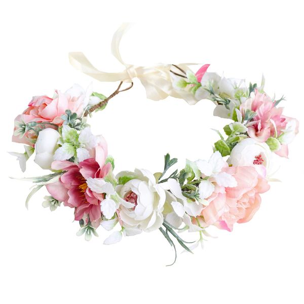 Vivivalue Adjustable Flower Headband Floral Garland Crown Hair Wreath Flower Headpiece Halo Boho with Ribbon Wedding Party Photos