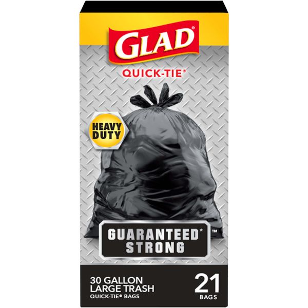 Glad Guaranteed Strong Large Quick-Tie Trash Bags, 30 Gallon, 21 Count